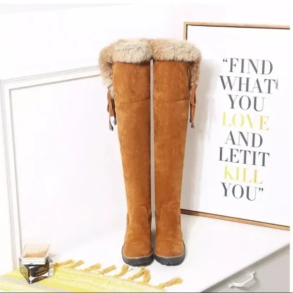 Brown Vegan Suede Faux Fur Lined Over The Knee Knee High Zip Boots - Picture 7 of 8